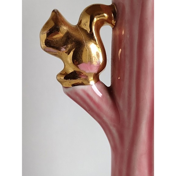 Pink Ceramic Tree Trunk 22K Gold Trim Squirrel & Leaf Design Flower Bud Vase - Picture 3 of 6